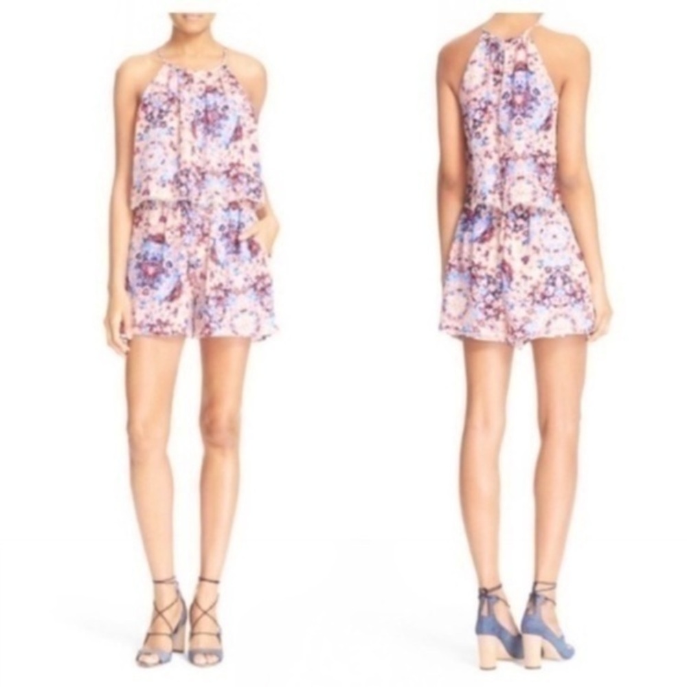 Parker floral silk popover lace trim halter romper S Small T17